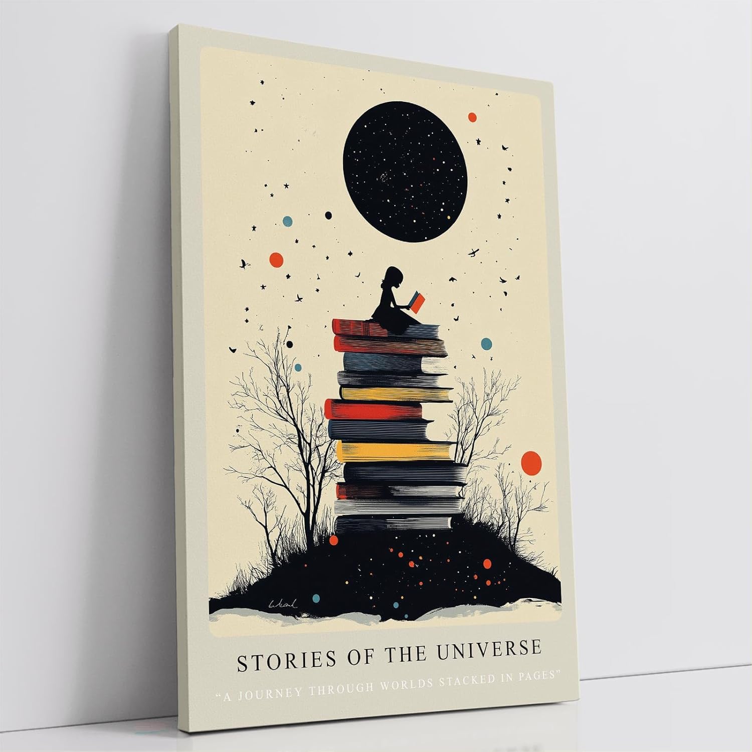 Paul Sinus Leinwandbild 60x90cm Stories of the Universe – Bücher, Universum, Fantasie, Magie, Wissen, Träume, Sterne, Kosmos, Lesen, Inspiration