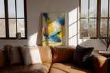 Paul Sinus Wandbild in 40x60cm The Color Dance – Farbintensive abstrakte Komposition in Gelb-, Blauund Weißtönen