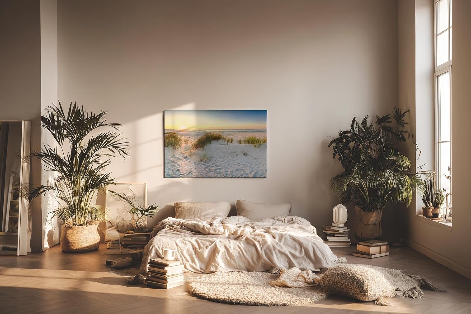 Sinus Art Wandbild 120x80cm Weiße Dünen mit Gräsern bei sanftem Sonnenlicht für beruhigende Raumwirkung