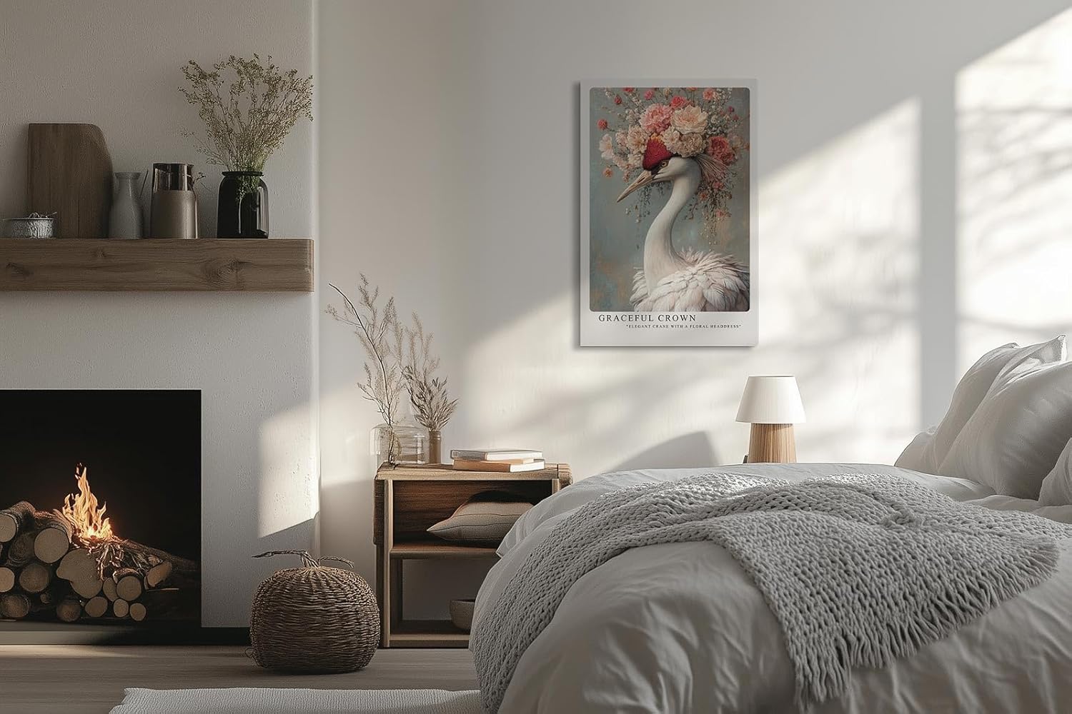 Paul Sinus Leinwandbild 60x90cm Anmutiger Kranich elegant majestätisch kunstvolle Wandkunst florale Krone faszinierend surreal sanfte Farben harmonisch