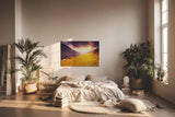 Sinus Art Wandbild 120x80cm Sonnenuntergang taucht Bergwiese in goldenes Licht mit dramatischem Himmel