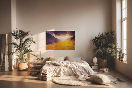 Sinus Art Wandbild 120x80cm Sonnenuntergang taucht Bergwiese in goldenes Licht mit dramatischem Himmel
