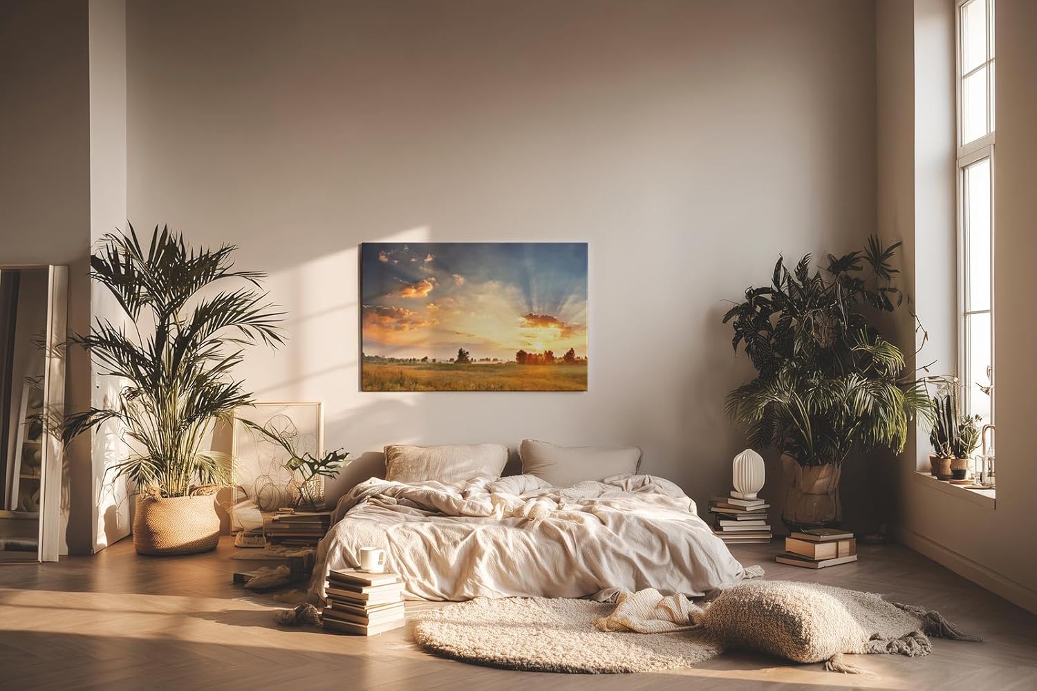 Sinus Art Wandbild 120x80cm Weite Felder im goldenen Abendlicht mit ausdrucksstarkem Himmelspanorama