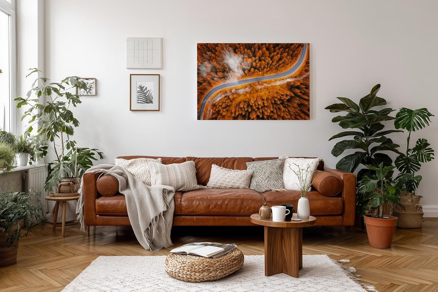 Sinus Art Wandbild 120x80cm Herbstlicher Mischwald mit elegant geschwungener Straße in Luftaufnahme