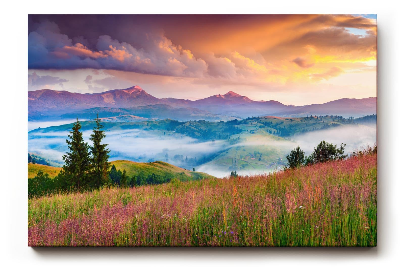 Sinus Art Wandbild 120x80cm Farbige Bergwiese mit Nebelschwaden und dramatischem Himmel für emotionale Raumwirkung