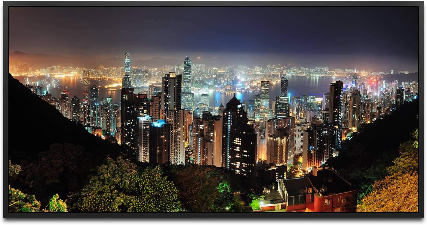 Hong Kong Wolkenkratzer Skyline ca. 130x70cm Wandbild inklusive Schattenfugenrahmen schwarz - Panorama Leinwand Bild XXL Format Wandbilder Wohnzimmer Wohnung Deko Kunstdrucke