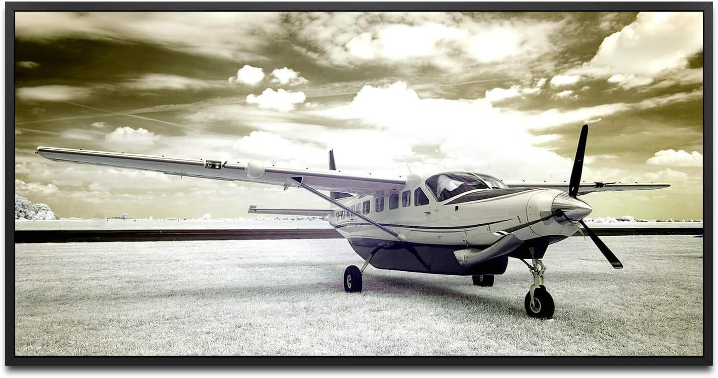 Vintage Flugzeug ca. 130x70cm Wandbild inklusive Schattenfugenrahmen schwarz - Panorama Leinwand Bild XXL Format Wandbilder Wohnzimmer Wohnung Deko Kunstdrucke