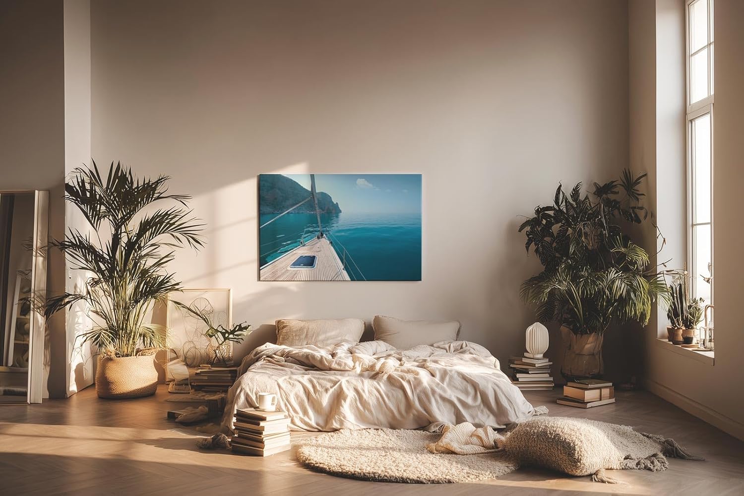 Sinus Art Wandbild 120x80cm Ruhiger Ausblick von einem Segelboot über das glitzernde Wasser zur felsigen Küste