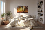 Sinus Art Wandbild 120x80cm Sonnenstrahlen brechen durch goldene Baumkronen und schaffen eine warme Atmosphäre