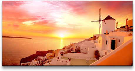 Santorini Stadt Landschaft ca. 130x70cm Wandbild inklusive Schattenfugenrahmen weiss - Panorama Leinwand Bild XXL Format Wandbilder Wohnzimmer Wohnung Deko Kunstdrucke