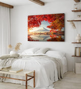 Paul Sinus Wandbild 120x80cm Japan Fuji Berg Baumkrone Herbstblätter Fischerboot