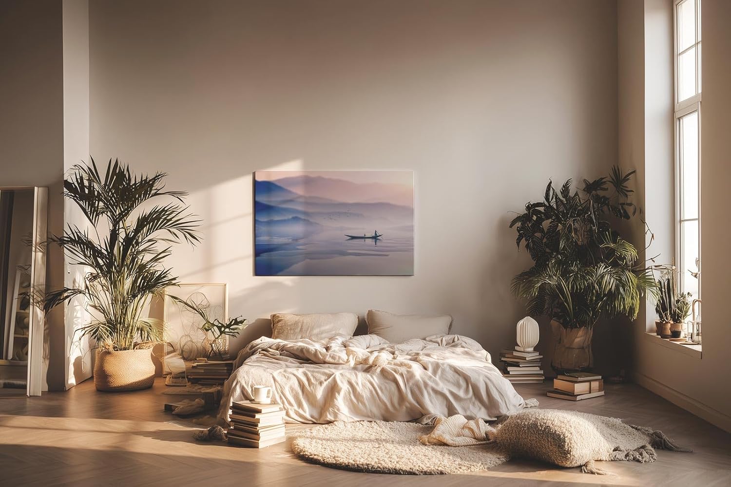 Sinus Art Wandbild 120x80cm Stilles Wasser, Fischerboot und pastellfarbene Hügel – harmonisch, leicht und beruhigend