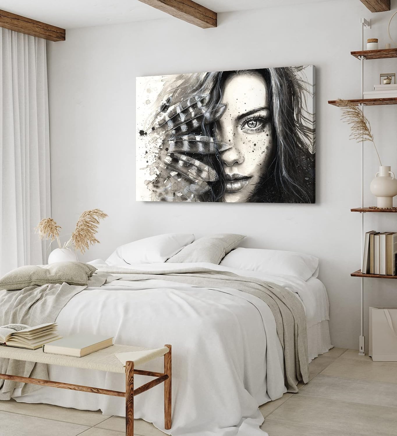 Wandbild 120x80cm Porträt einer jungen Frau Kunstvoll Schönheit Federn