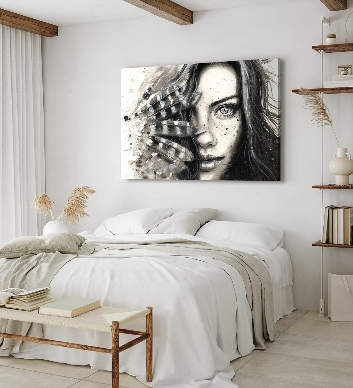 Wandbild 120x80cm Porträt einer jungen Frau Kunstvoll Schönheit Federn
