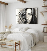 Wandbild 120x80cm Porträt einer jungen Frau Kunstvoll Schönheit Federn