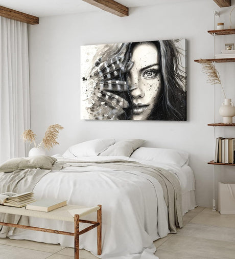 Wandbild 120x80cm Porträt einer jungen Frau Kunstvoll Schönheit Federn