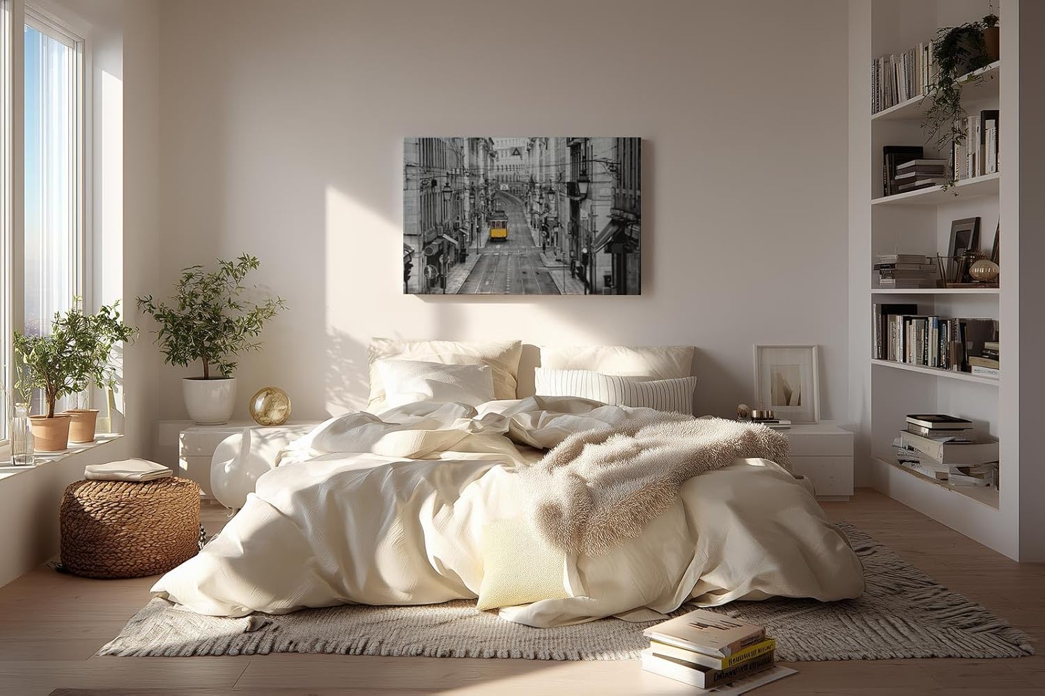 Sinus Art Wandbild 120x80cm Gelbe Straßenbahn in monochromer Großstadtkulisse – Highlight inmitten des Alltags