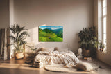 Sinus Art Wandbild 120x80cm Gestufte Reisterrassen in leuchtendem Grün vor Bergkulisse und weitem Himmel