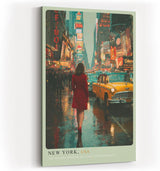 Paul Sinus Wandbild in 40x60cm New York, USA Impressionistische Stadtansicht mit Frau im roten Mantel inmitten des nächtlichen Times Square