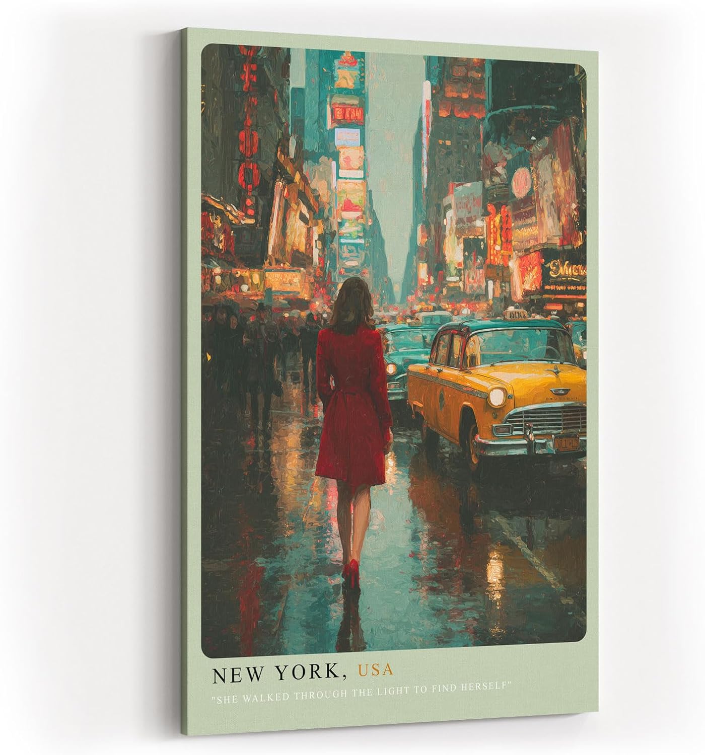 Paul Sinus Wandbild in 40x60cm New York, USA Impressionistische Stadtansicht mit Frau im roten Mantel inmitten des nächtlichen Times Square