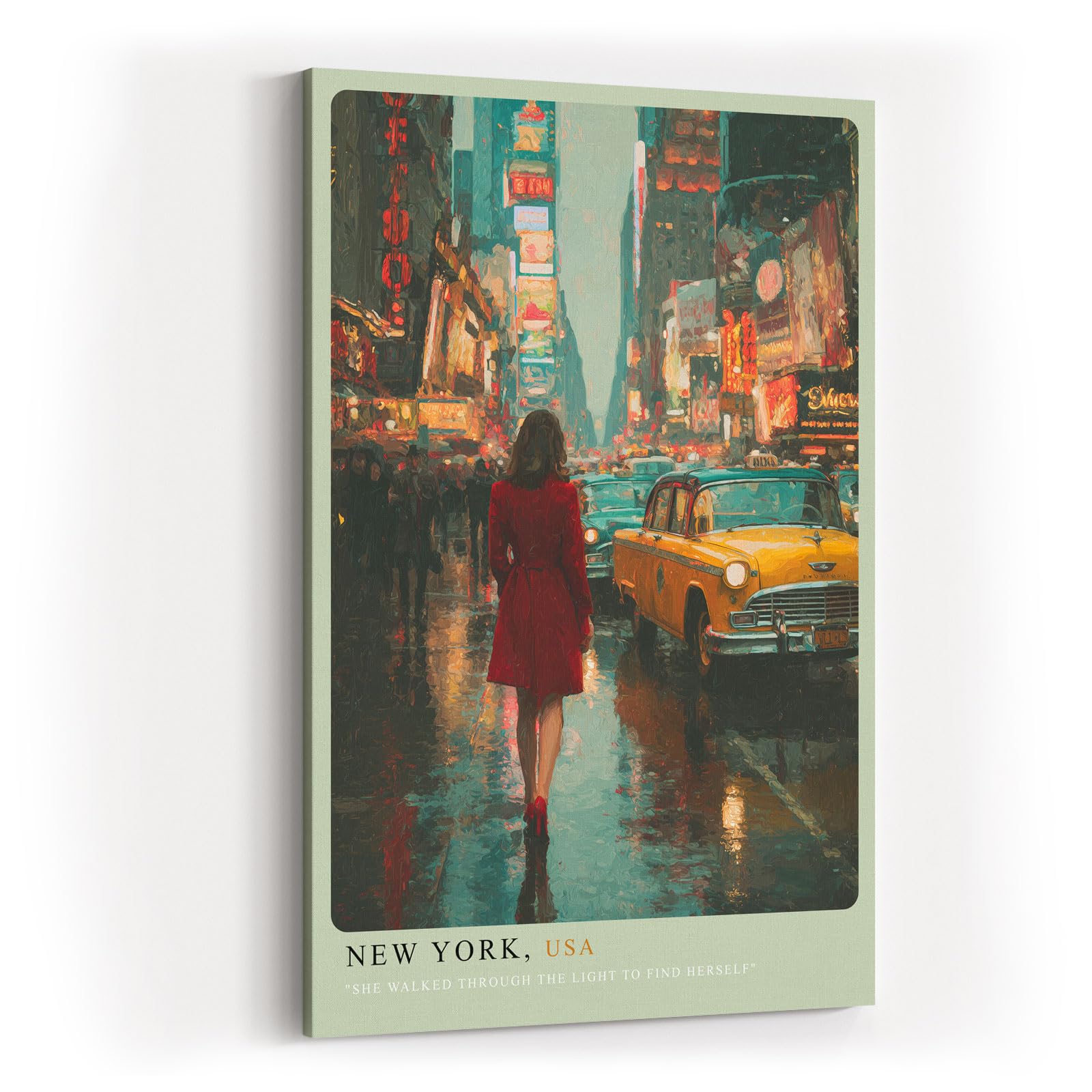 Paul Sinus Wandbild in 40x60cm New York, USA Impressionistische Stadtansicht mit Frau im roten Mantel inmitten des nächtlichen Times Square