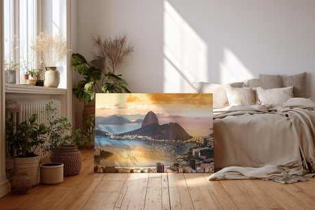 Sinus Art Wandbild 120x80cm Spektakuläre Aussicht auf die Bucht von Rio mit dem Zuckerhut im Licht der Abendsonne