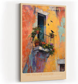 Paul Sinus Wandbild in 40x60cm The Yellow Facade – Mediterrane Balkonszene mit leuchtend gelber Fassade und verspielten Details in impressionistischem Stil