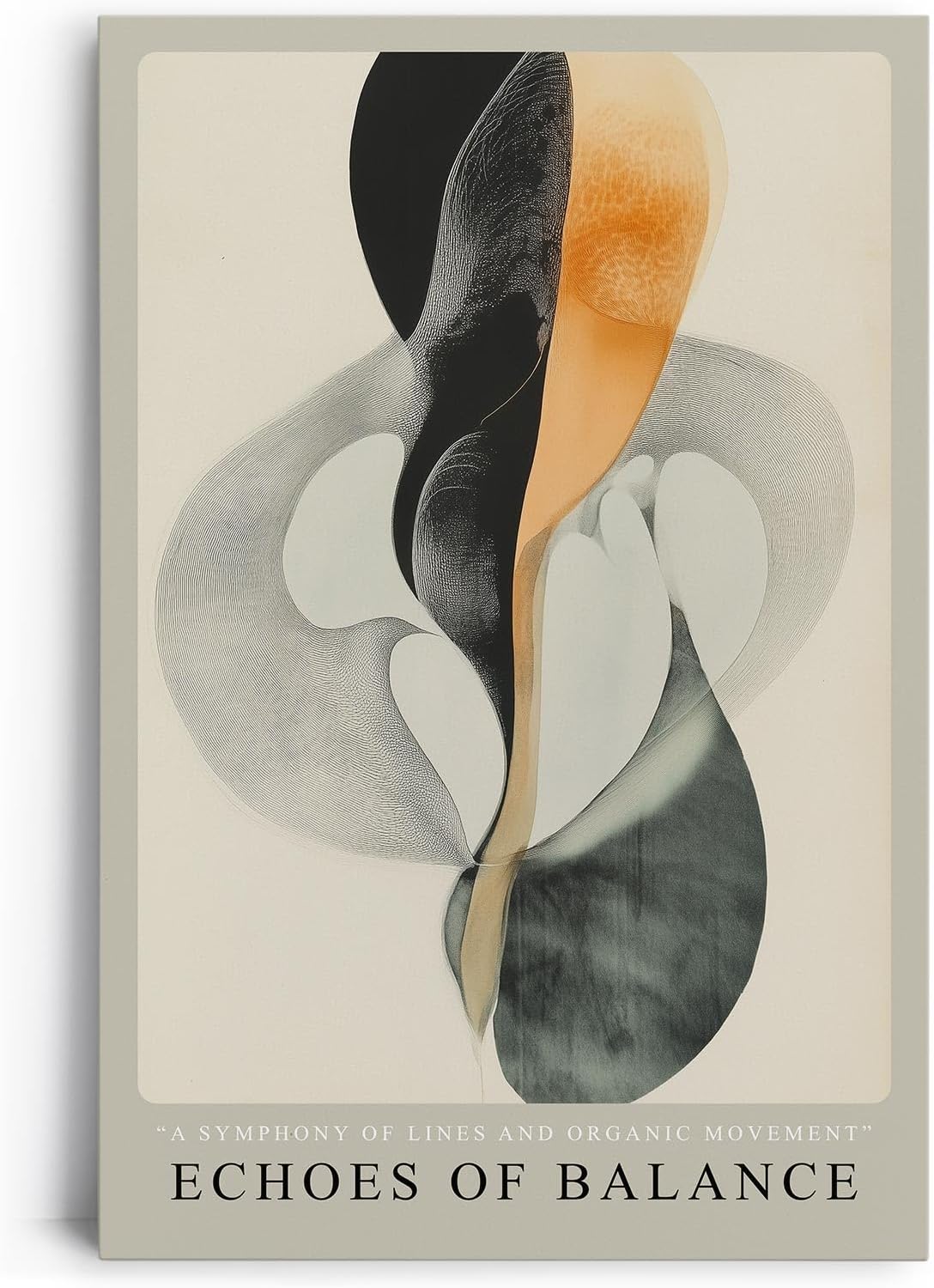 Paul Sinus Leinwandbild 40x60cm Echoes of Balance – Abstrakt, Harmonie, Linien, Bewegung, Minimalismus, Schwarz, Weiß, Orange, Design, Kunst