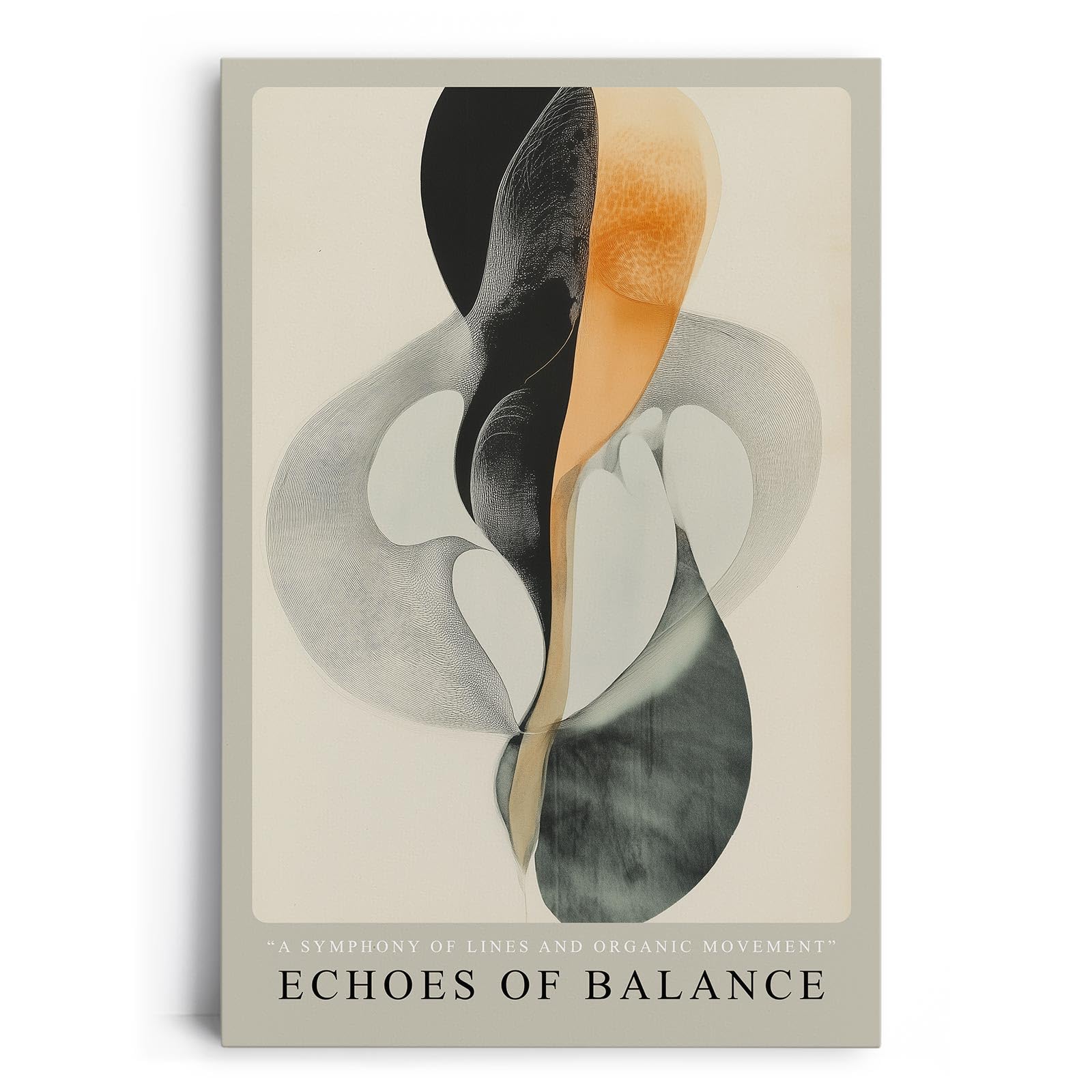 Paul Sinus Leinwandbild 40x60cm Echoes of Balance – Abstrakt, Harmonie, Linien, Bewegung, Minimalismus, Schwarz, Weiß, Orange, Design, Kunst