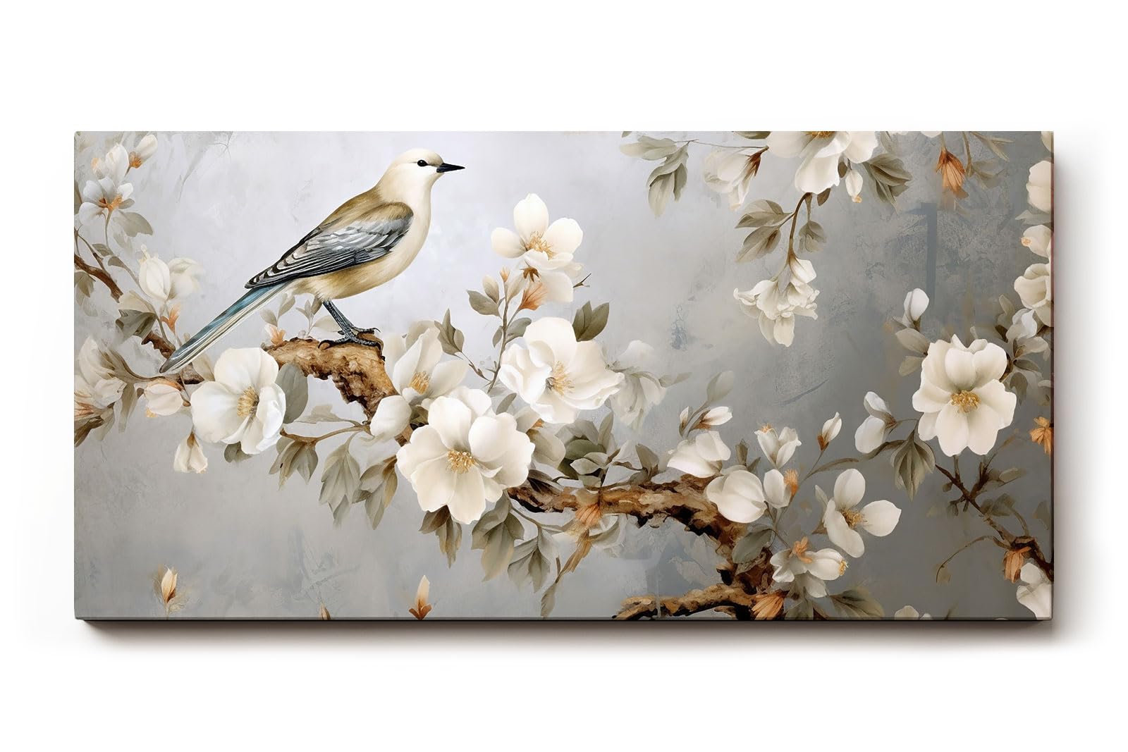 Sinus Art Wandbild 120x80cm Anmutiger Vogel auf einem Ast mit weißen Blüten vor harmonischem Hintergrund – ruhig und ausdrucksstark