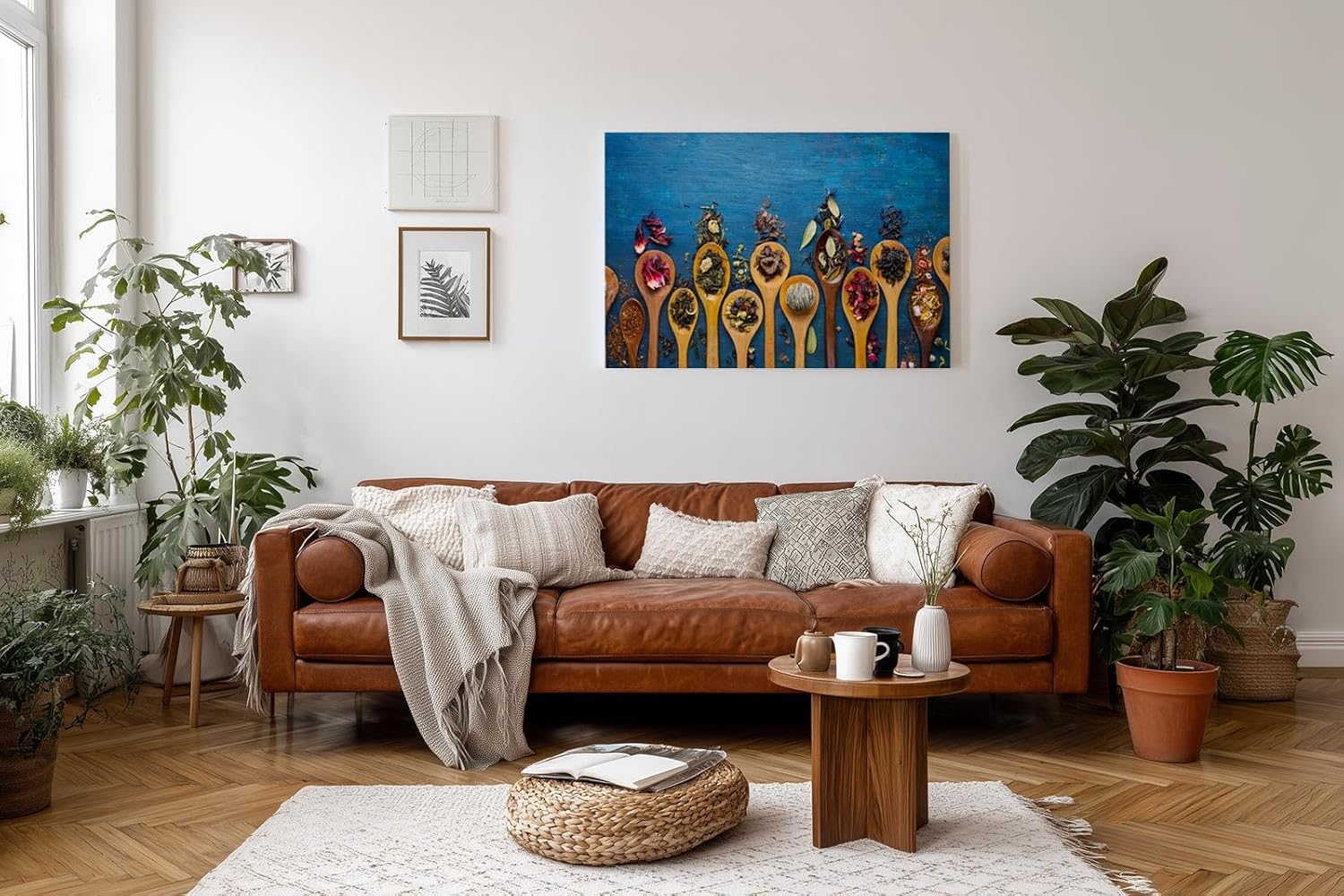 Sinus Art Wandbild 120x80cm Bunte Gewürze auf Holzlöffeln vor rustikalem Hintergrund – kulinarisch und stilvoll