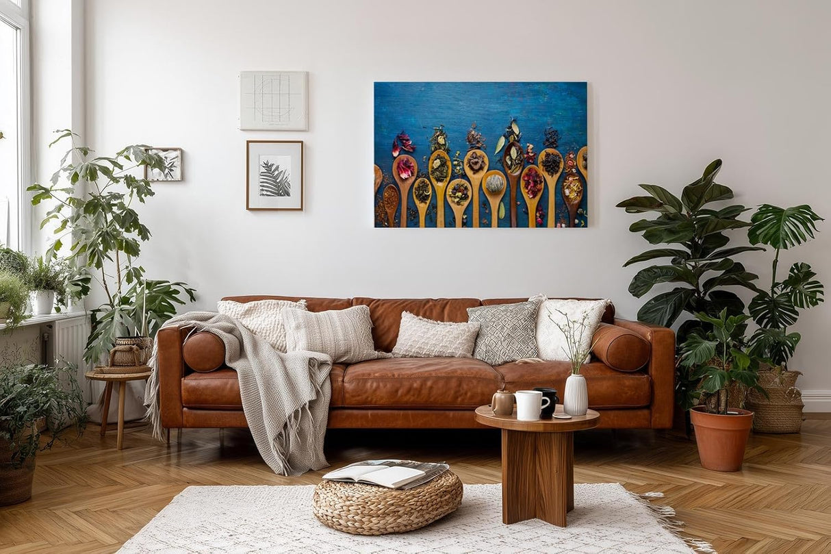 Sinus Art Wandbild 120x80cm Bunte Gewürze auf Holzlöffeln vor rustikalem Hintergrund – kulinarisch und stilvoll