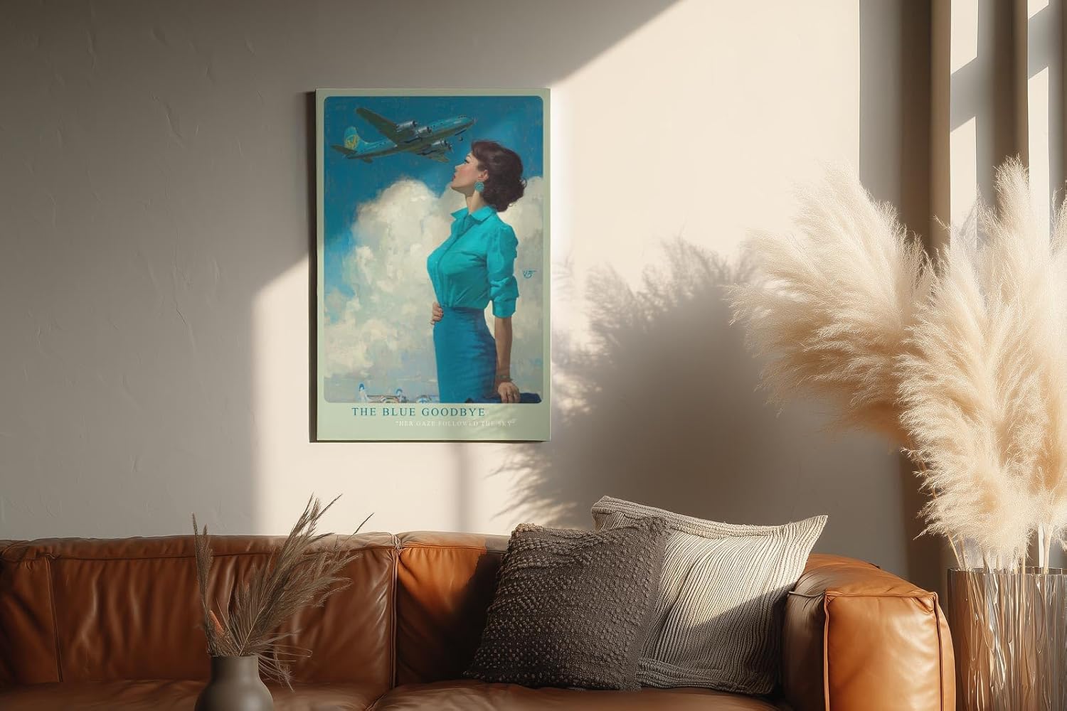 Paul Sinus Wandbild in 40x60cm The Blue Goodbye mit stilvoller Frau im Retro-Look und Flugzeug am Himmel für elegante Wandgestaltung