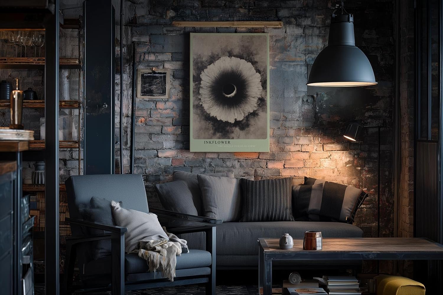 Paul Sinus Wandbild in 40x60cm Inkflower Abstraktes Schwarz-Weiß-Motiv mit blütenähnlicher, radialer Struktur und dunklem Zentrum