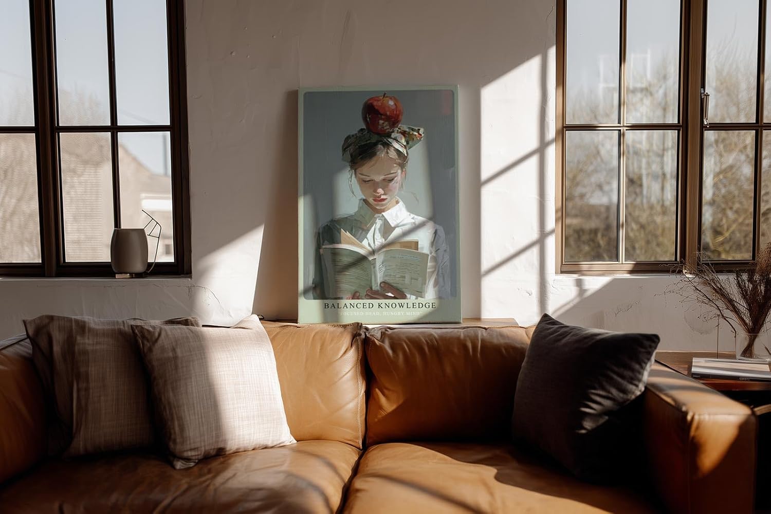 Paul Sinus Wandbild in 40x60cm Balanced Knowledge – Kreatives Porträt einer jungen Frau mit Apfel auf dem Kopf, vertieft ins Lesen, moderne Bilder mit ausdrucksstarker Komposition