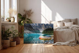 Sinus Art Wandbild 120x80cm Bergsee mit Kanus vor atemberaubender Bergkulisse für inspirierende Raumwirkung