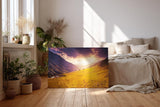 Sinus Art Wandbild 120x80cm Sonnenuntergang taucht Bergwiese in goldenes Licht mit dramatischem Himmel