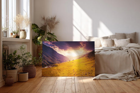 Sinus Art Wandbild 120x80cm Sonnenuntergang taucht Bergwiese in goldenes Licht mit dramatischem Himmel