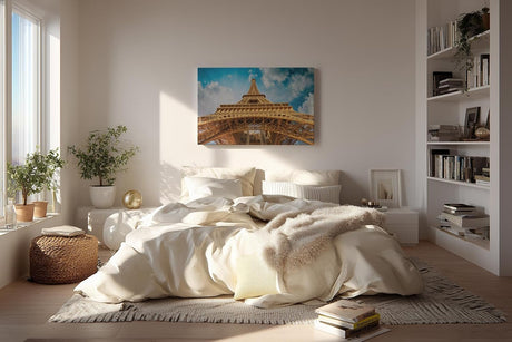 Sinus Art Wandbild 120x80cm Atemberaubende Perspektive auf den Eiffelturm mit imposanter Himmelsszenerie