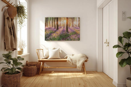 Sinus Art Wandbild 120x80cm Waldszene mit violetten Blüten und einfallender Sonne für verträumte Atmosphäre