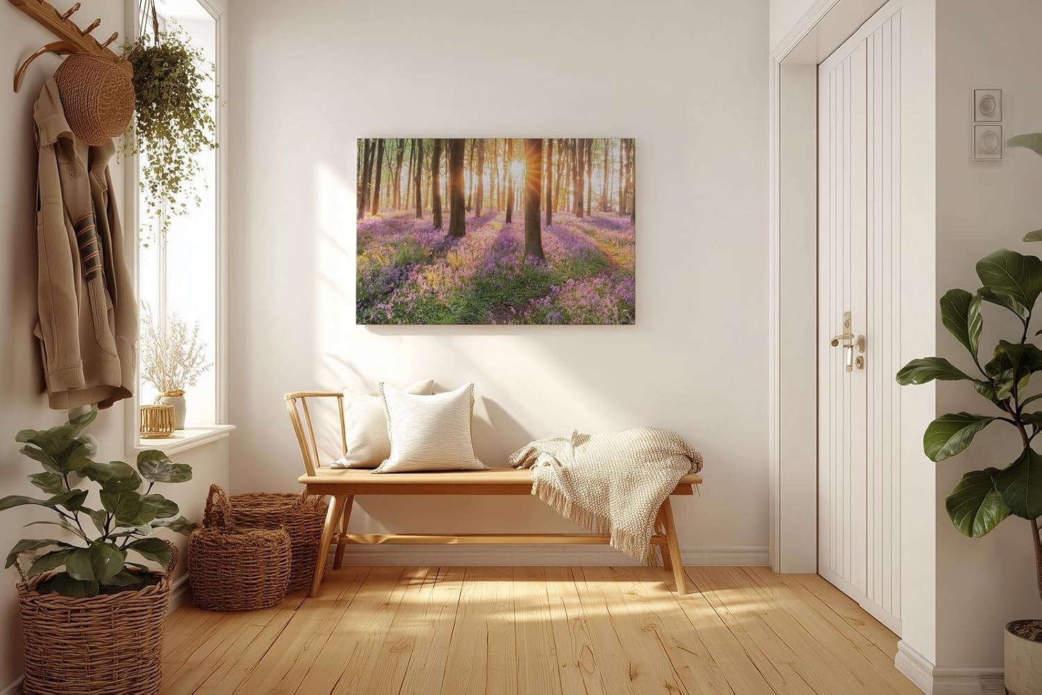 Sinus Art Wandbild 120x80cm Waldszene mit violetten Blüten und einfallender Sonne für verträumte Atmosphäre