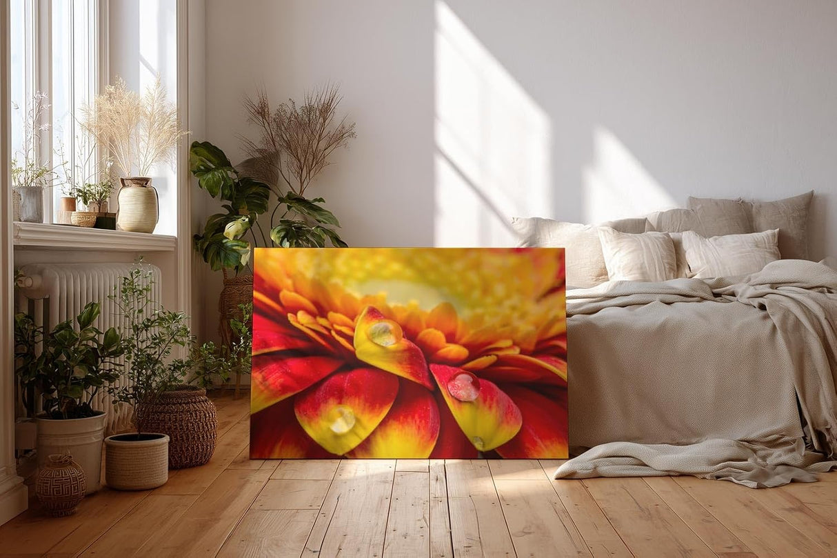Sinus Art Wandbild 120x80cm Rote und gelbe Gerbera-Blüte mit Wassertropfen – ausdrucksstark, frisch und kraftvoll