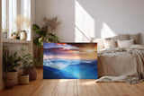 Sinus Art Wandbild 120x80cm Faszinierende Berglandschaft in verschiedenen Blauabstufungen mit goldener Sonne