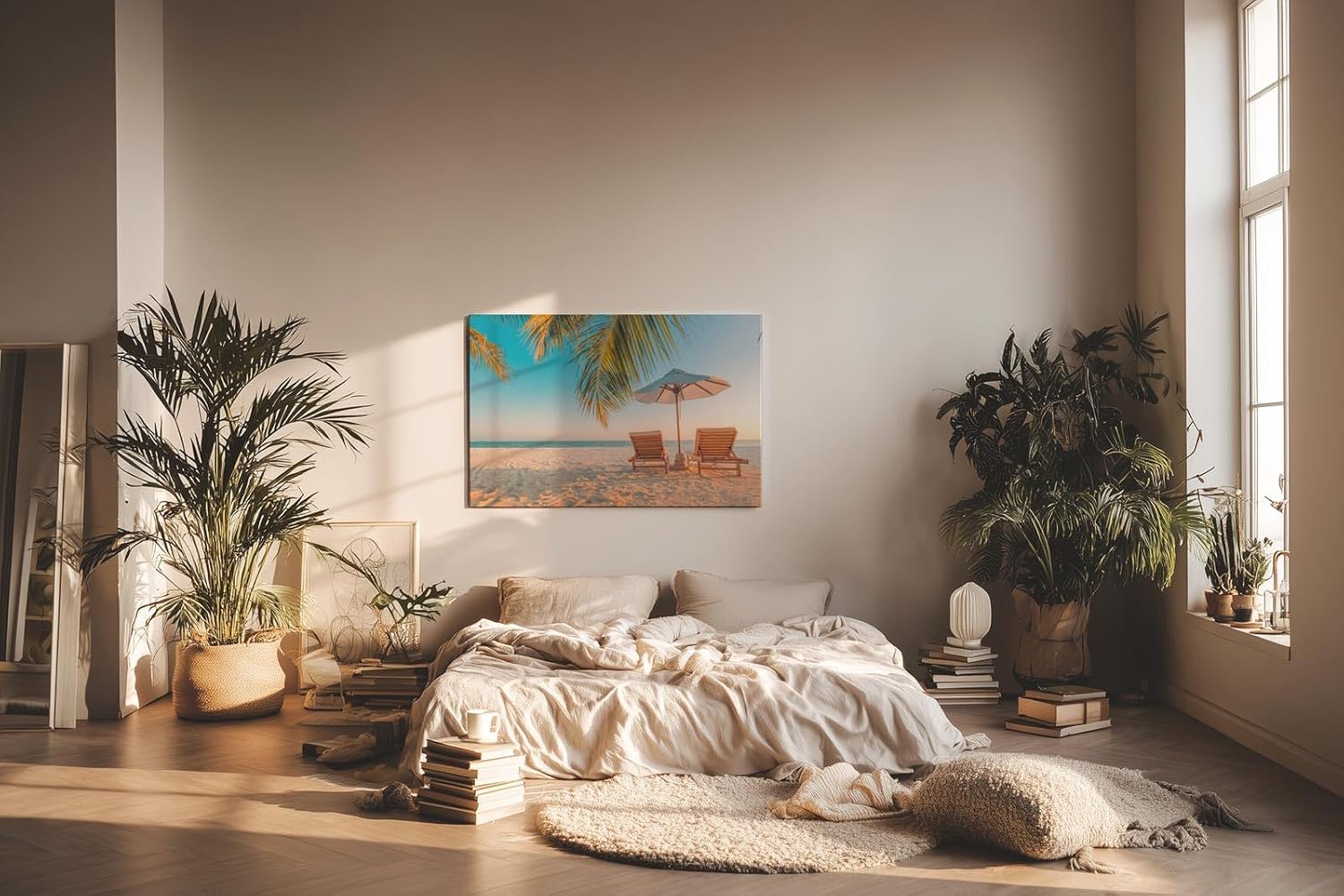 Sinus Art Wandbild 120x80cm Zwei Sonnenliegen am Palmenstrand mit Schirm vor blauem Himmel für entspannte Wirkung