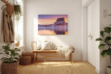 Sinus Art Wandbild 120x80cm Monolithische Felsformation spiegelt sich im ruhigen See unter farbigem Abendhimmel