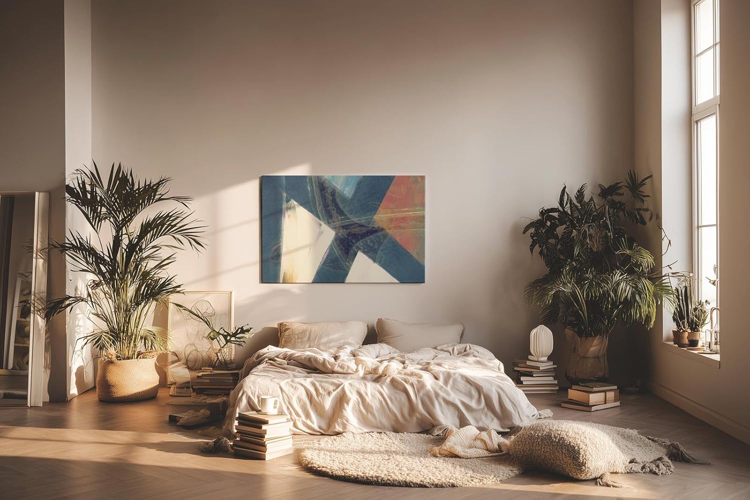 Sinus Art Wandbild 120x80cm Überschneidende Dreiecke in Blau, Weiß und Orange mit pastosen Farbspuren