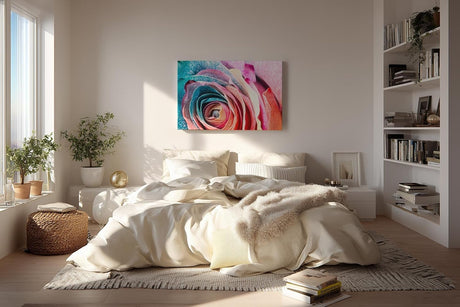 Sinus Art Wandbild 120x80cm Intensive Nahaufnahme einer vielfarbigen Rose mit einzigartiger Blattstruktur