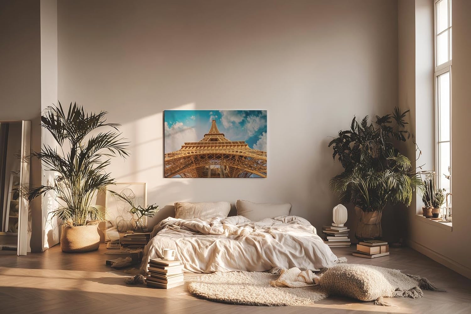 Sinus Art Wandbild 120x80cm Atemberaubende Perspektive auf den Eiffelturm mit imposanter Himmelsszenerie