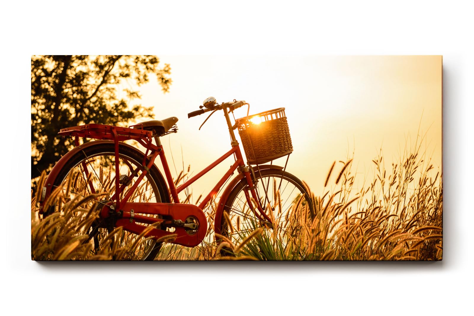 Sinus Art Wandbild 120x80cm Rotes Fahrrad im goldenen Gegenlicht einer Sommerwiese mit romantischem Flair