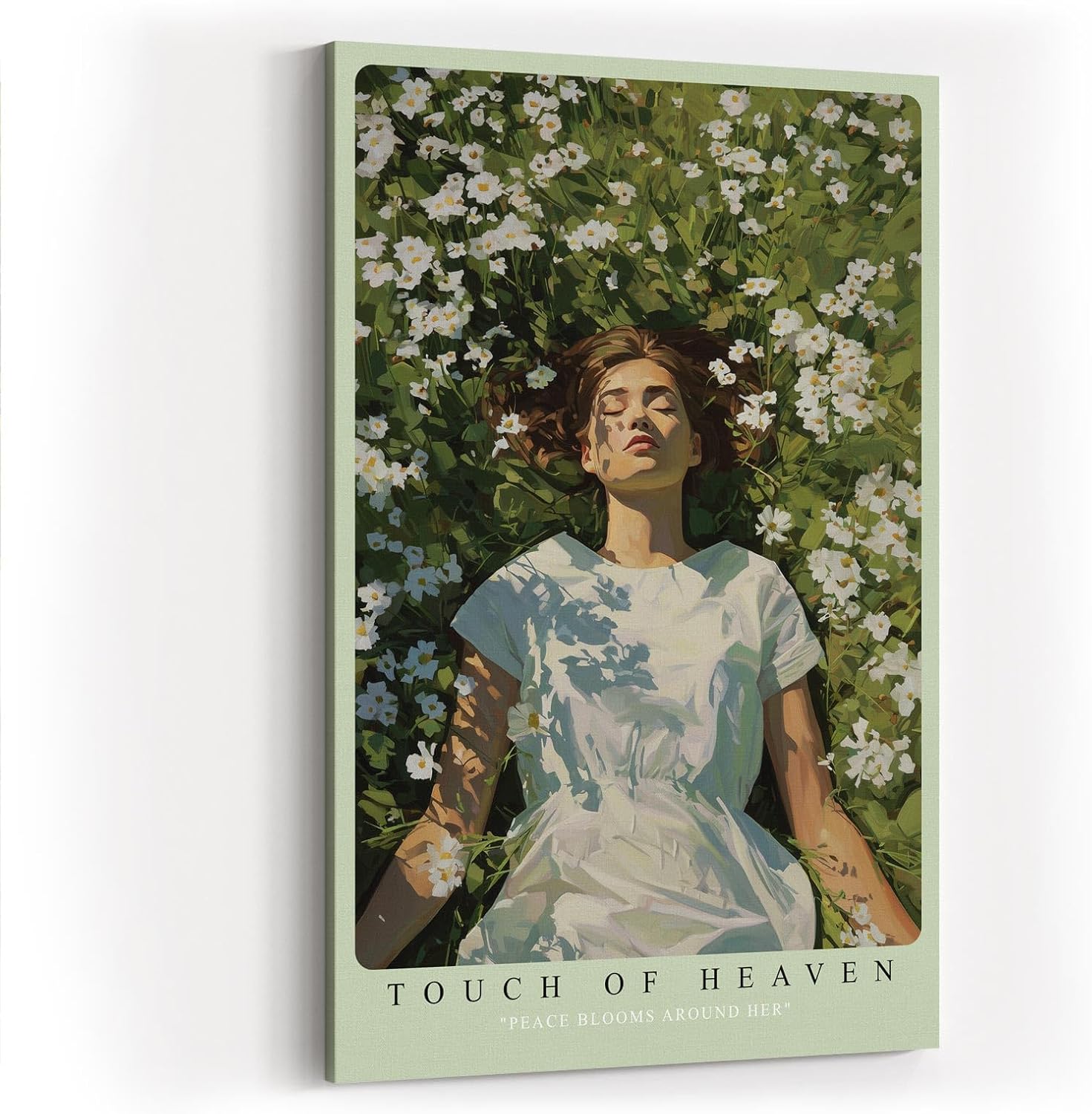 Paul Sinus Wandbild in 40x60cm Touch of Heaven – Sommerliches Porträt einer Frau im weißen Kleid, liegend in einem Meer aus weißen Blumen